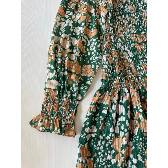 Ramy Brook NWT Lucia Green Floral Smocked Stretch Puff Sleeve Mini Dress Medium - Picture 7 of 14